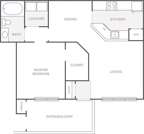 Floor plan for 1 bed, 1 bath, 892 sqft